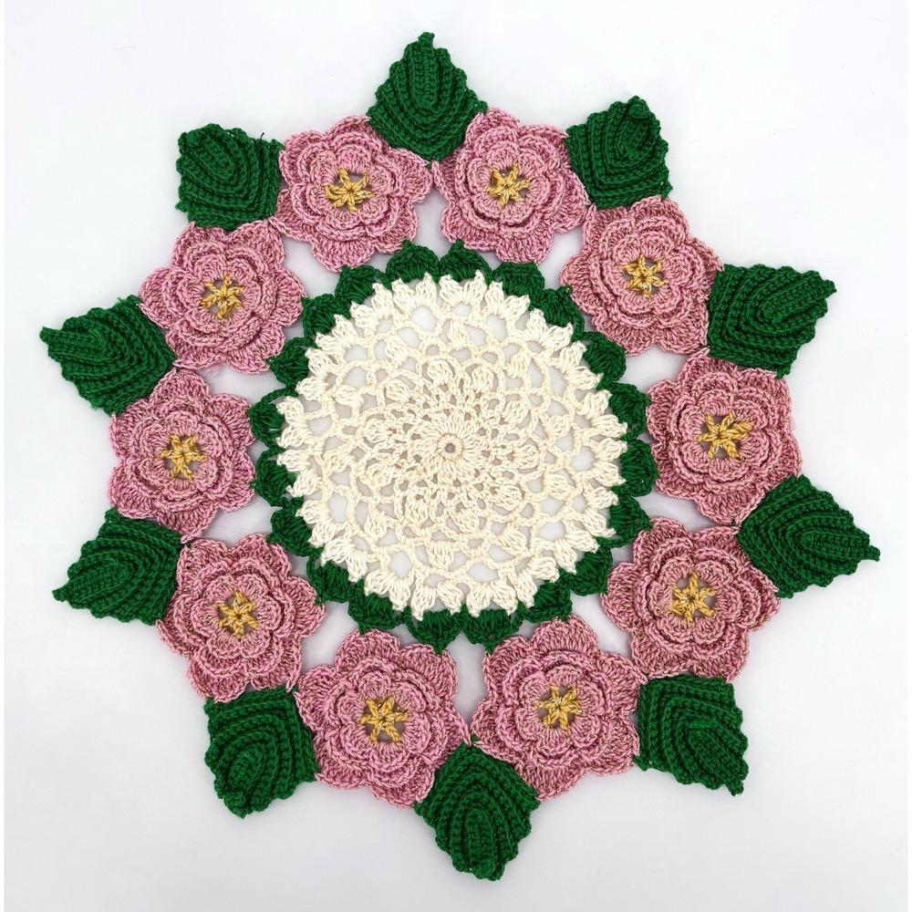 Vintage Handmade Crochet Doily 9.5" Pink Metallic Roses Green Leaves